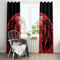 Red and black Kenya window curtain with lion graphics, top header with ring attachments
