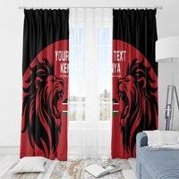 Red and black Kenya rugby curtains with lion graphics, outer drapes around the window
