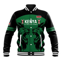 Green and black varsity rugby baseball jacket with lion graphic, striped collar and cuffs.