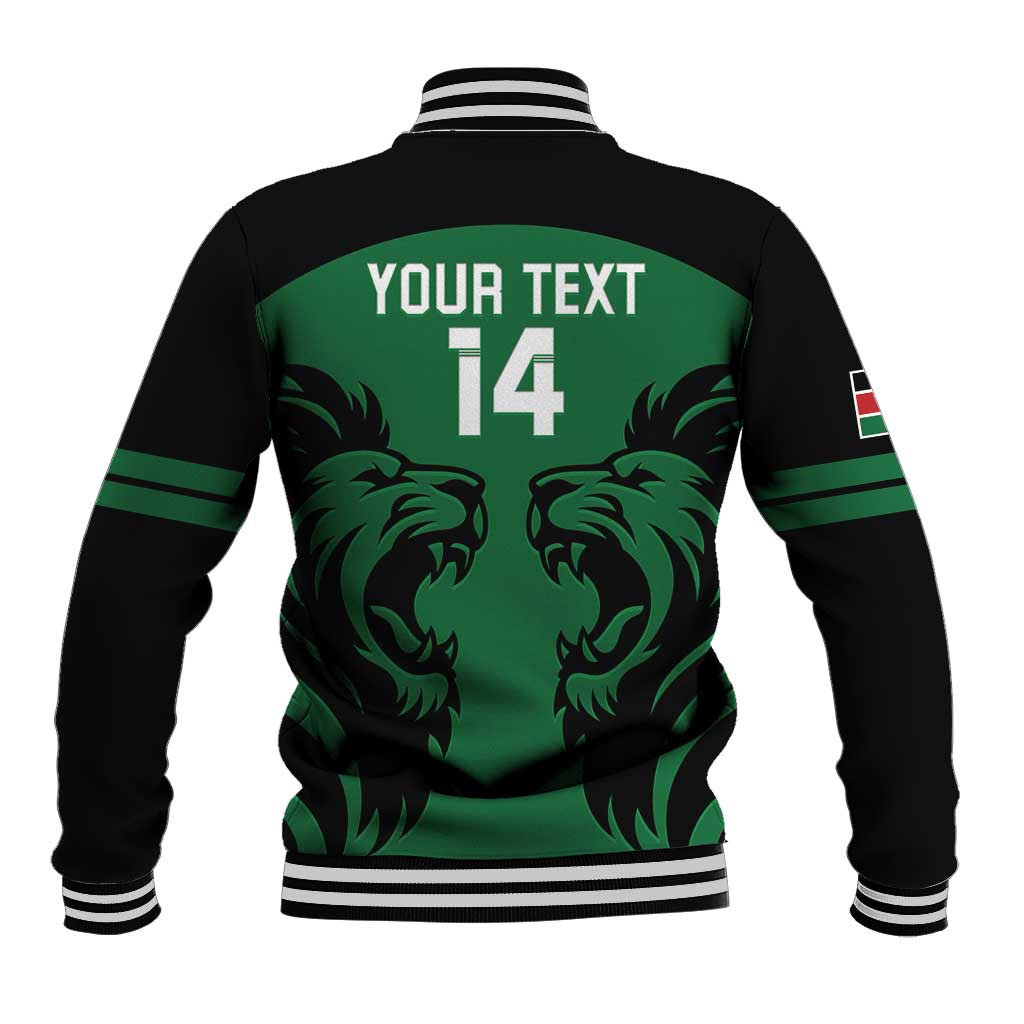 Green and black varsity rugby baseball jacket with lion graphic, '14' and ribbed striped trim.
