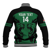 Green and black varsity rugby baseball jacket with lion graphic, '14' and ribbed striped trim.