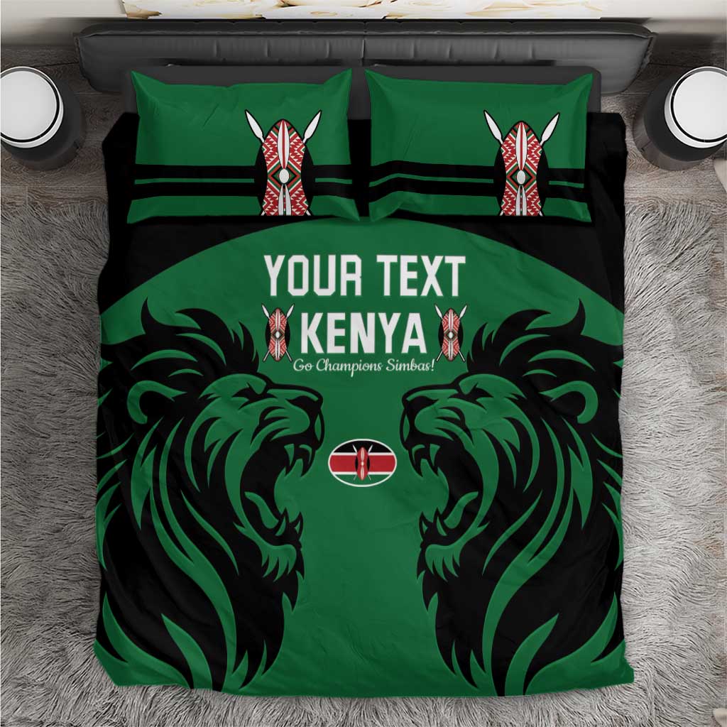 Green and black rugby bedding set with bold Kenya text, lion emblems, and two pillows
