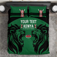 Green and black rugby bedding set with bold Kenya text, lion emblems, and two pillows