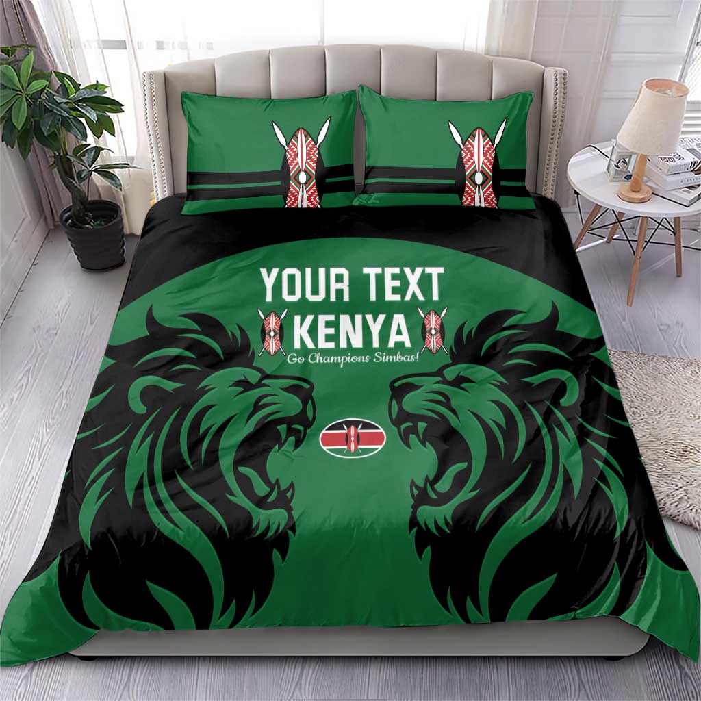Green and black bedding set with Kenya text, lion graphics, and striped pillowcases