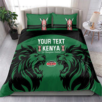 Green and black bedding set with Kenya text, lion graphics, and striped pillowcases