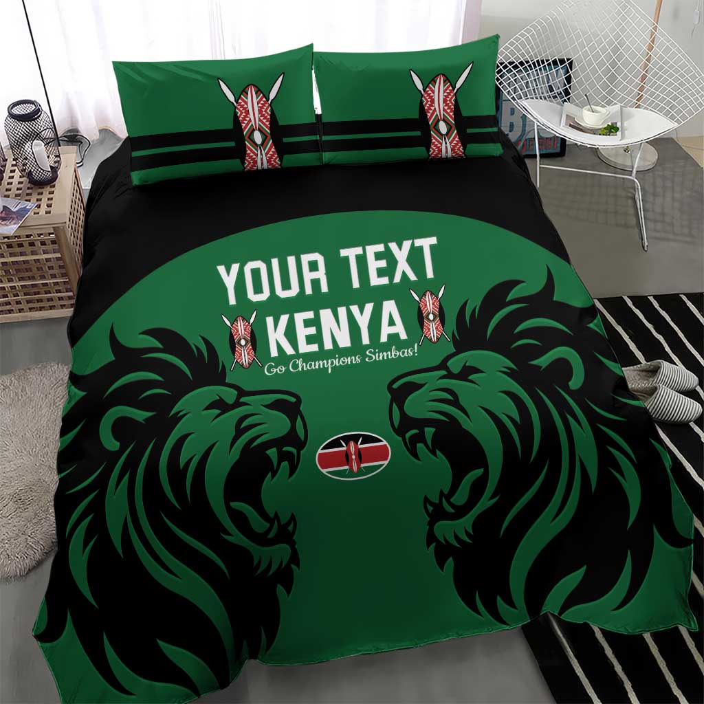 Green and black rugby bedding set with Kenya text and lion graphics, matching pillowcases