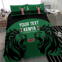 Green and black rugby bedding set with Kenya text and lion graphics, matching pillowcases
