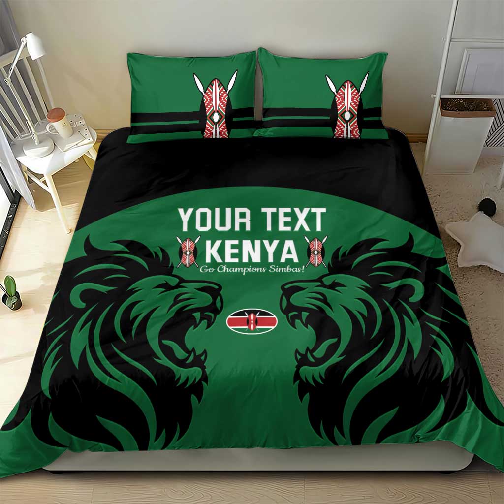 Green and black duvet set with Kenya title and lion artwork, two matching pillowcases