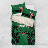Green and black duvet set with Kenya text, lion artwork, and two striped pillowcases