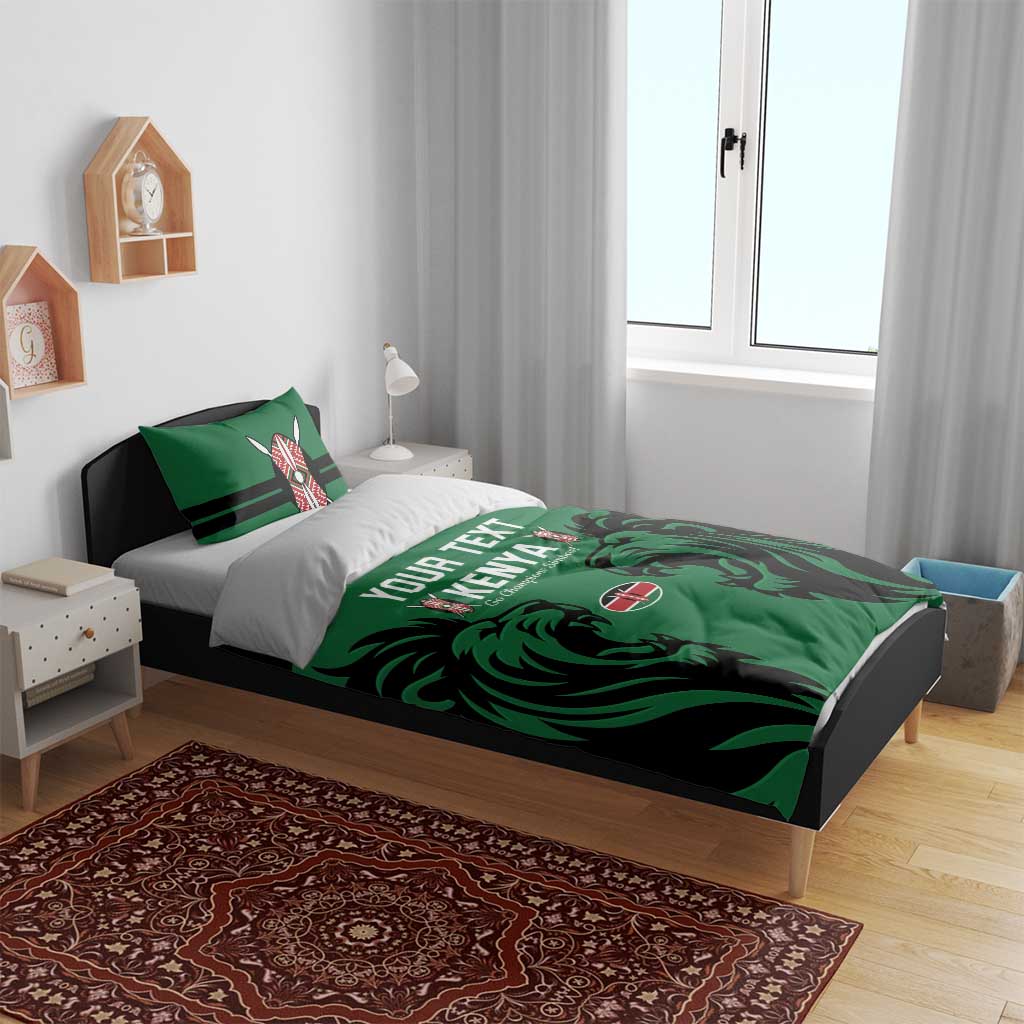 Green and black Kenya-themed bedding set with duvet cover, two striped pillows, lion graphics