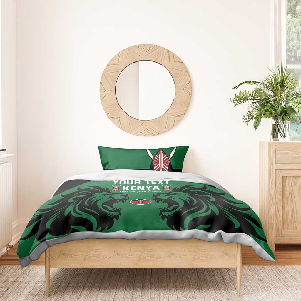 Green and black duvet cover bedding set with Kenya text, lion artwork, and striped pillows