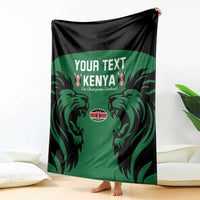 Green Kenya rugby blanket with black border and lion graphic, customizable text front