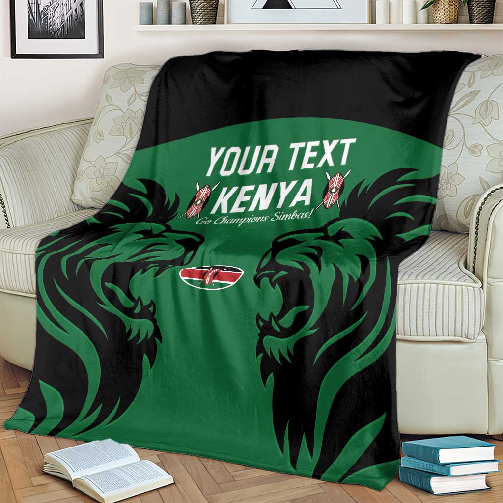 Green Kenya rugby blanket with black border and lion graphic, customizable text center