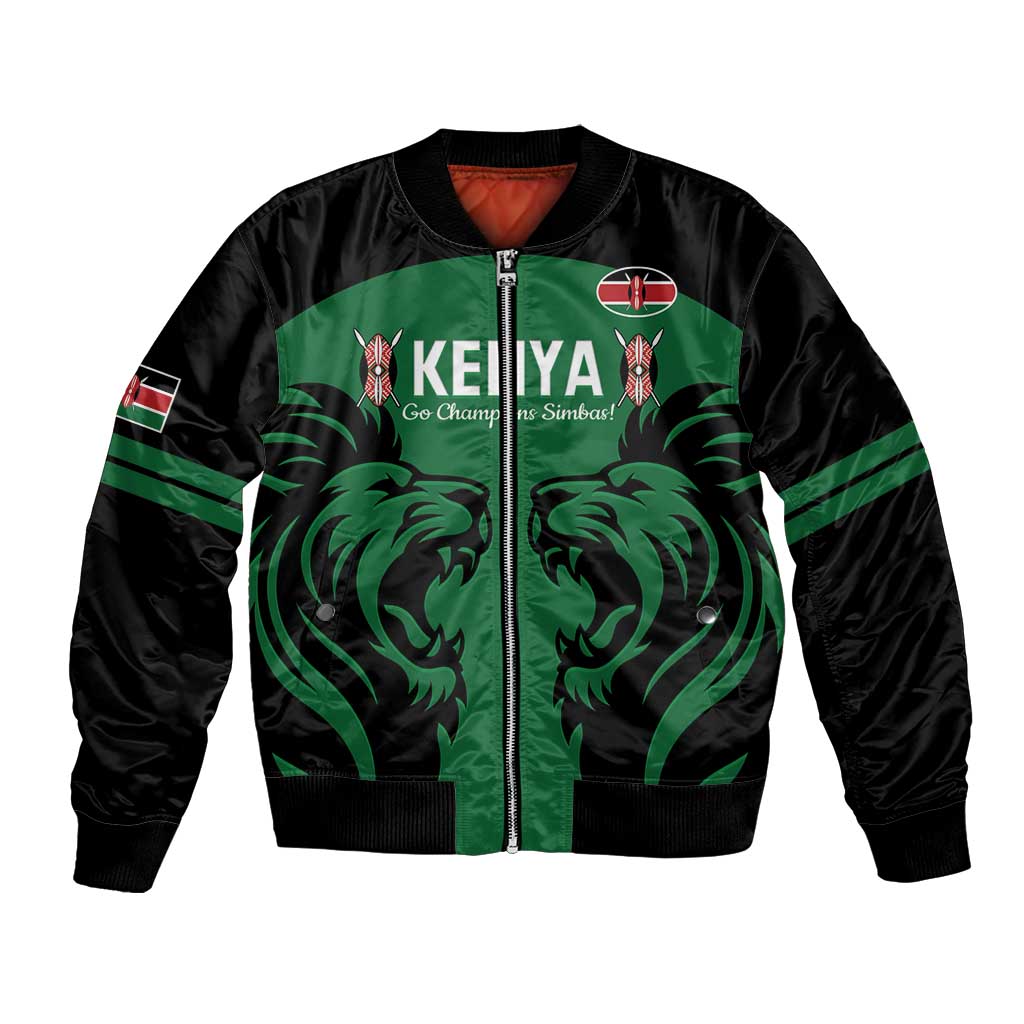 Unisex green and black rugby bomber jacket with front zipper, lion print, and Kenya flag