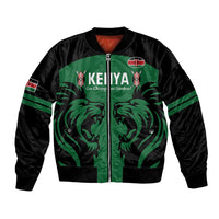 Unisex green and black rugby bomber jacket with front zipper, lion print, and Kenya flag