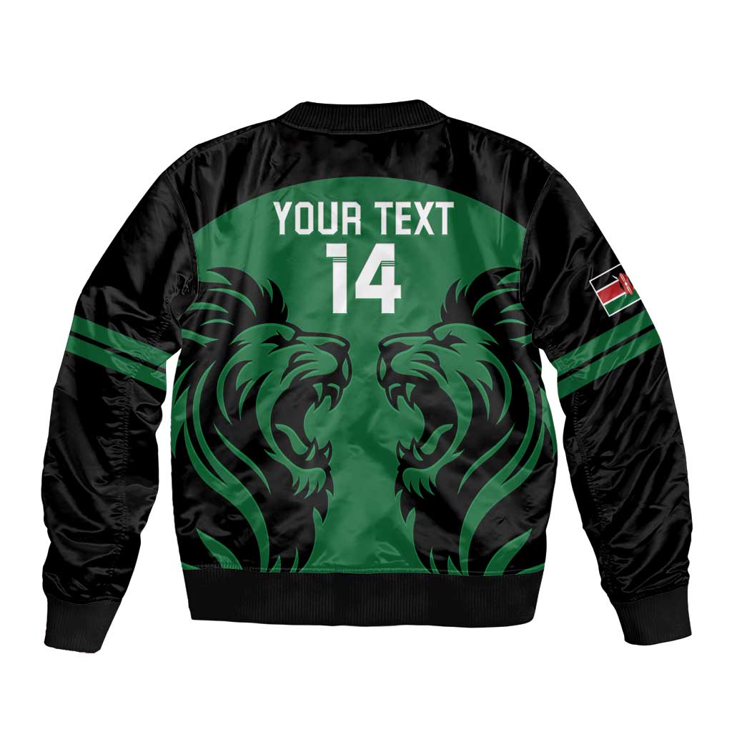 Unisex green and black rugby bomber jacket with lion graphic and '14' on back panel