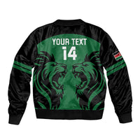 Unisex green and black rugby bomber jacket with lion graphic and '14' on back panel