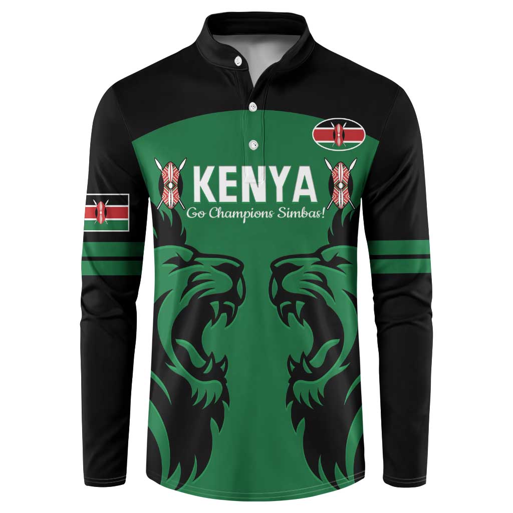 Green and black Kenya rugby button sweatshirt with lions graphic and chest crest
