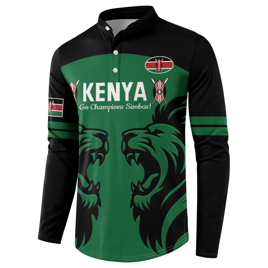 Green and black rugby button sweatshirt with lions graphic, Kenya lettering, chest crest