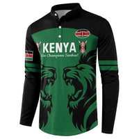 Green and black rugby button sweatshirt with lions graphic, Kenya lettering, chest crest