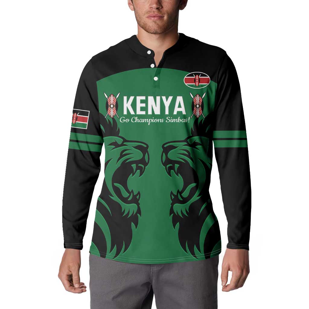 Green and black rugby button sweatshirt with Kenya lettering, lions graphic, chest crest