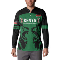 Green and black rugby button sweatshirt with Kenya lettering, lions graphic, chest crest