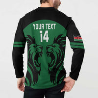 Green and black back print rugby button sweatshirt with YOUR TEXT 14 and Kenya flag patch