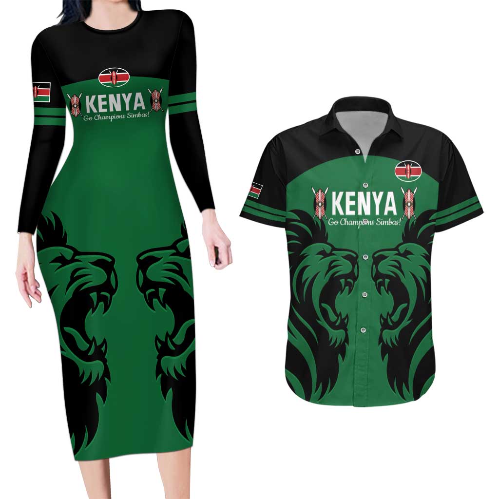 Custom Kenya Rugby Couples Matching Long Sleeve Bodycon Dress and Hawaiian Shirt 2024 Go Champions Simbas - Green