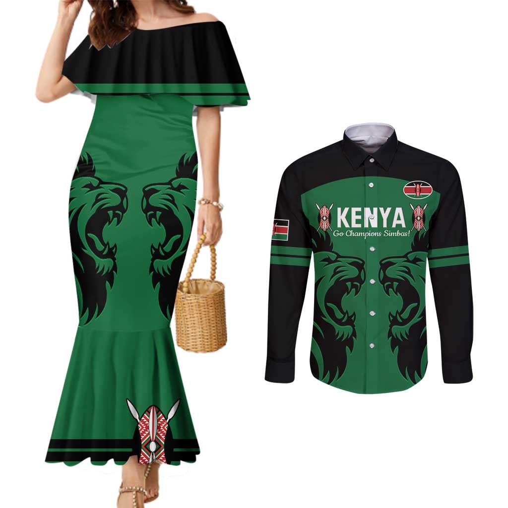 Custom Kenya Rugby Couples Matching Mermaid Dress and Long Sleeve Button Shirt 2024 Go Champions Simbas - Green