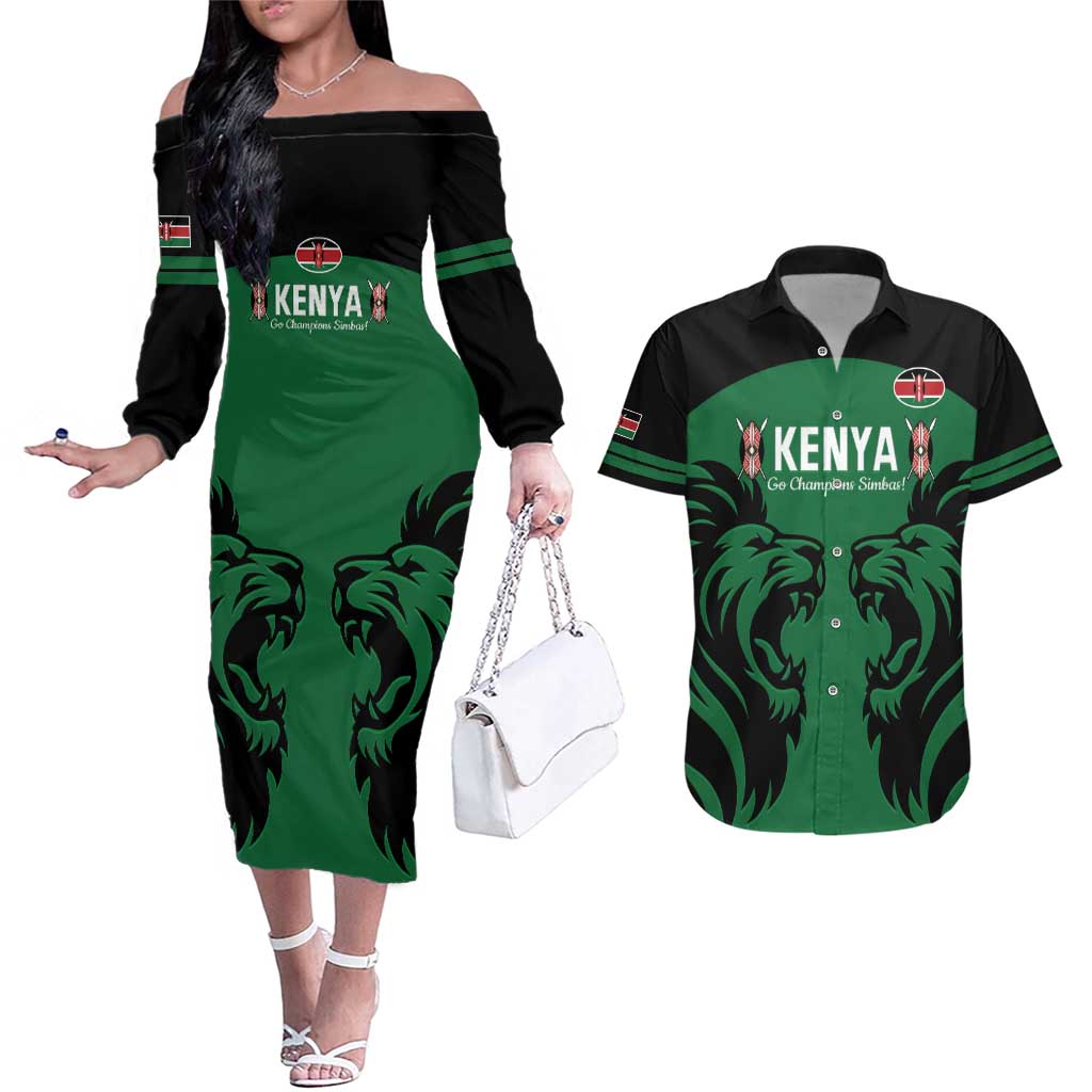 Custom Kenya Rugby Couples Matching Off The Shoulder Long Sleeve Dress and Hawaiian Shirt 2024 Go Champions Simbas - Green