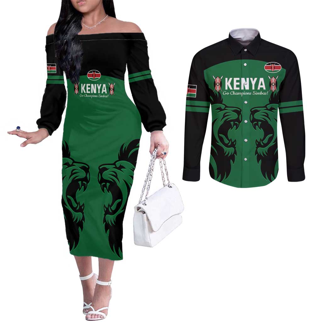 Custom Kenya Rugby Couples Matching Off The Shoulder Long Sleeve Dress and Long Sleeve Button Shirt 2024 Go Champions Simbas - Green