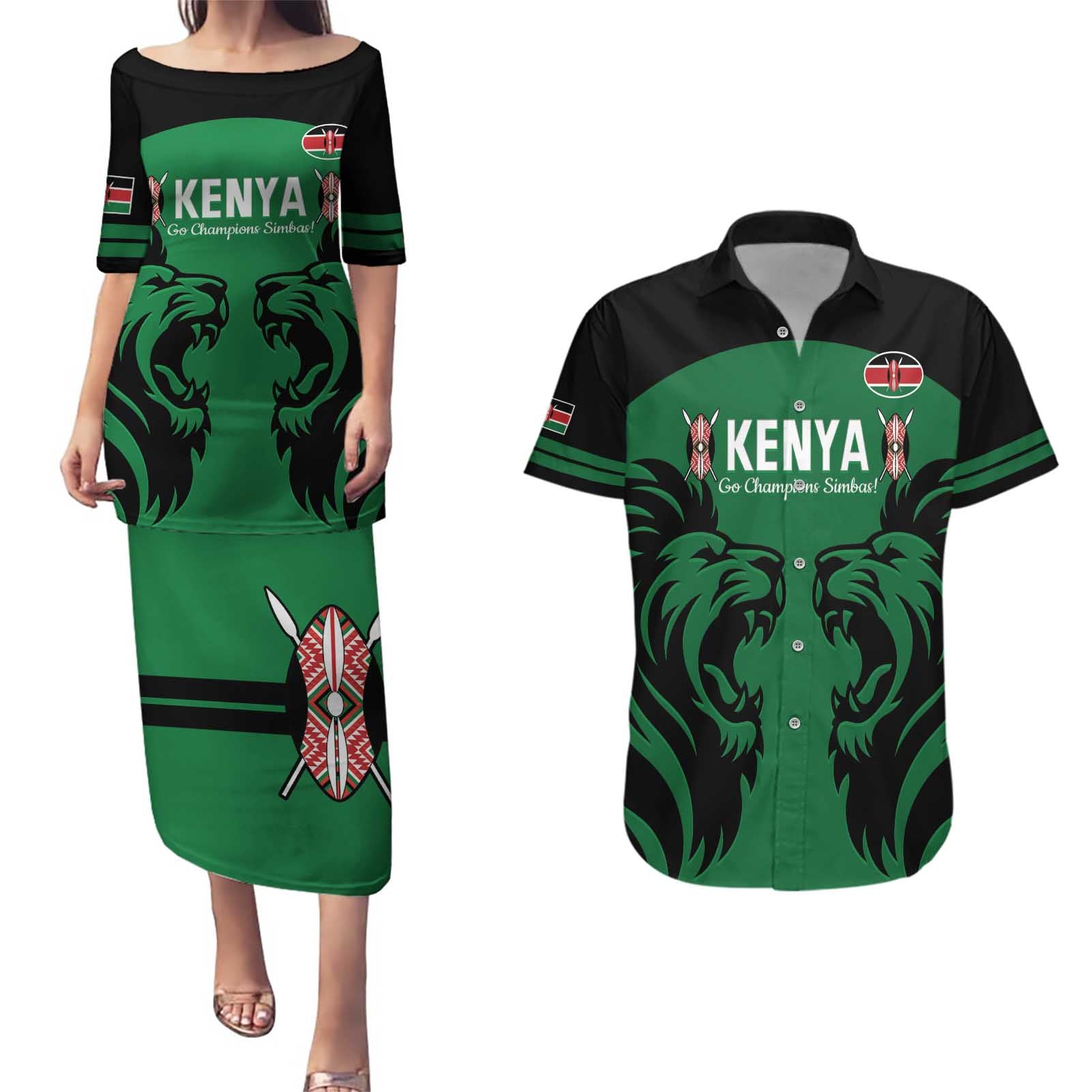 Custom Kenya Rugby Couples Matching Puletasi and Hawaiian Shirt 2024 Go Champions Simbas - Green