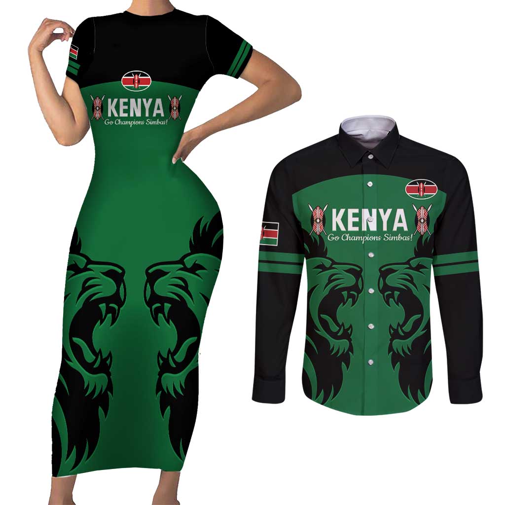 Custom Kenya Rugby Couples Matching Short Sleeve Bodycon Dress and Long Sleeve Button Shirt 2024 Go Champions Simbas - Green