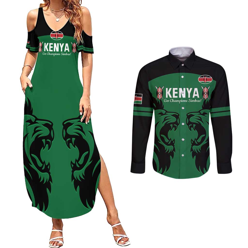 Custom Kenya Rugby Couples Matching Summer Maxi Dress and Long Sleeve Button Shirt 2024 Go Champions Simbas - Green