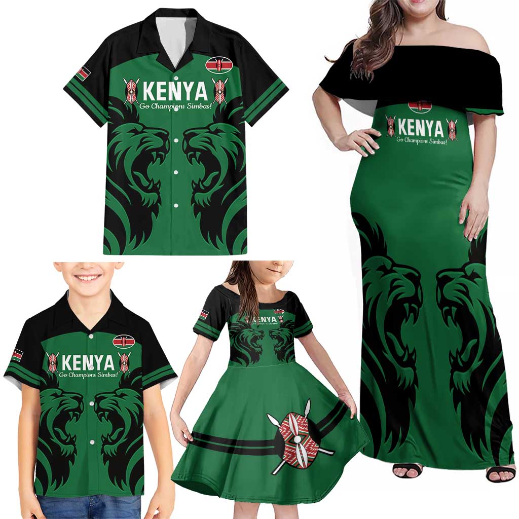 Custom Kenya Rugby Family Matching Off Shoulder Maxi Dress and Hawaiian Shirt 2024 Go Champions Simbas - Green