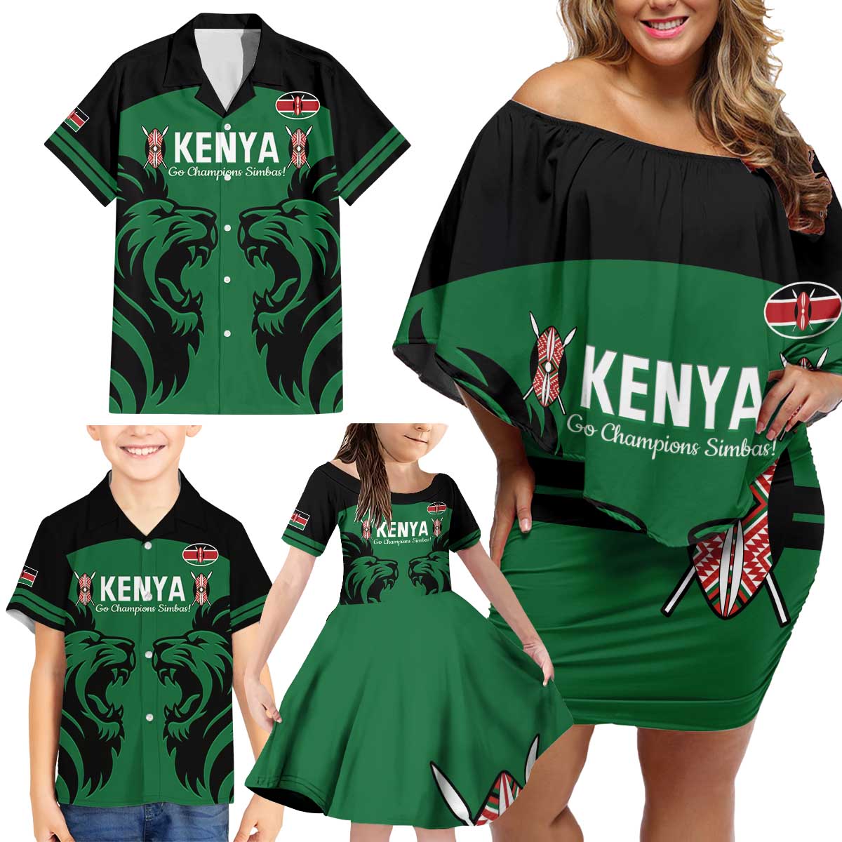 Custom Kenya Rugby Family Matching Off Shoulder Short Dress and Hawaiian Shirt 2024 Go Champions Simbas - Green