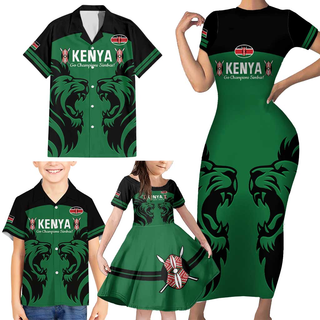 Custom Kenya Rugby Family Matching Short Sleeve Bodycon Dress and Hawaiian Shirt 2024 Go Champions Simbas - Green