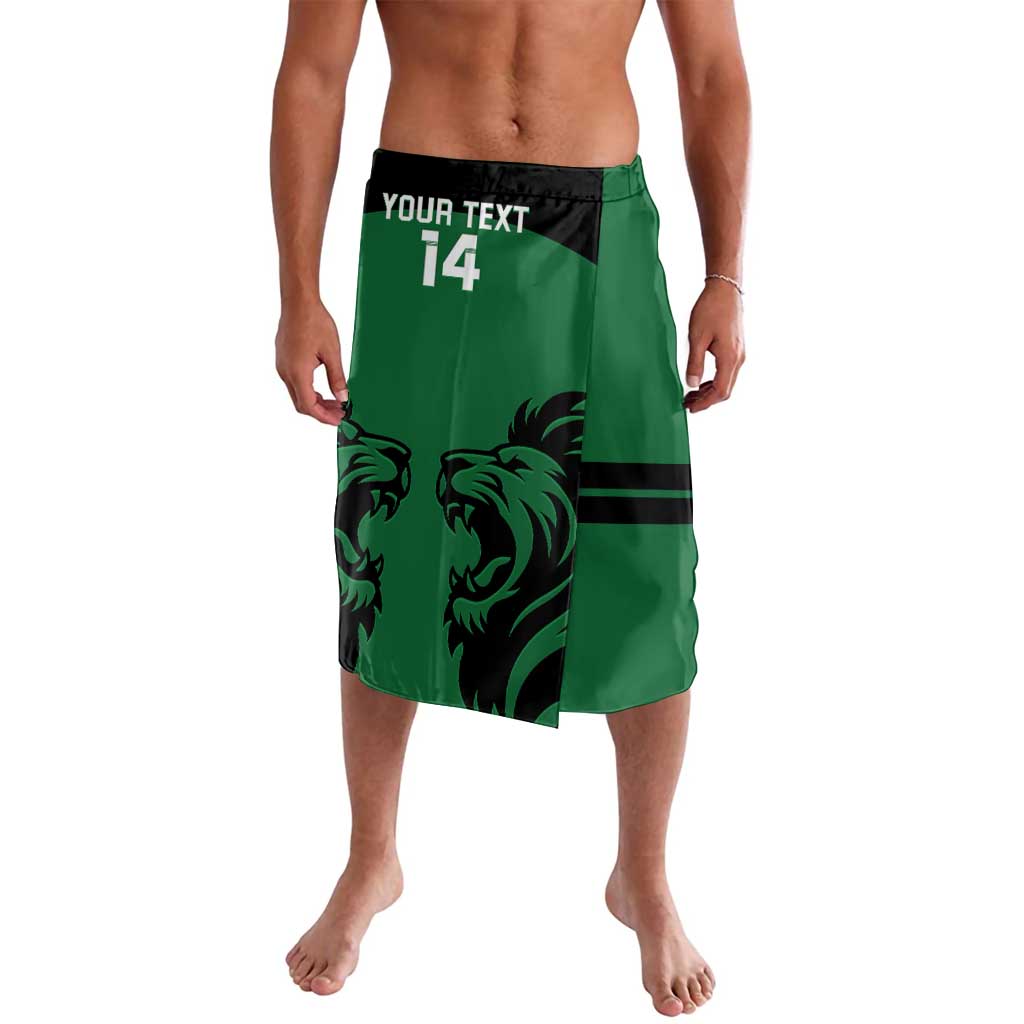 Green rugby lavalava with black stripe, your text 14, large lion heads on front