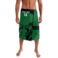 Green rugby lavalava with black stripe, your text 14, large lion heads on front