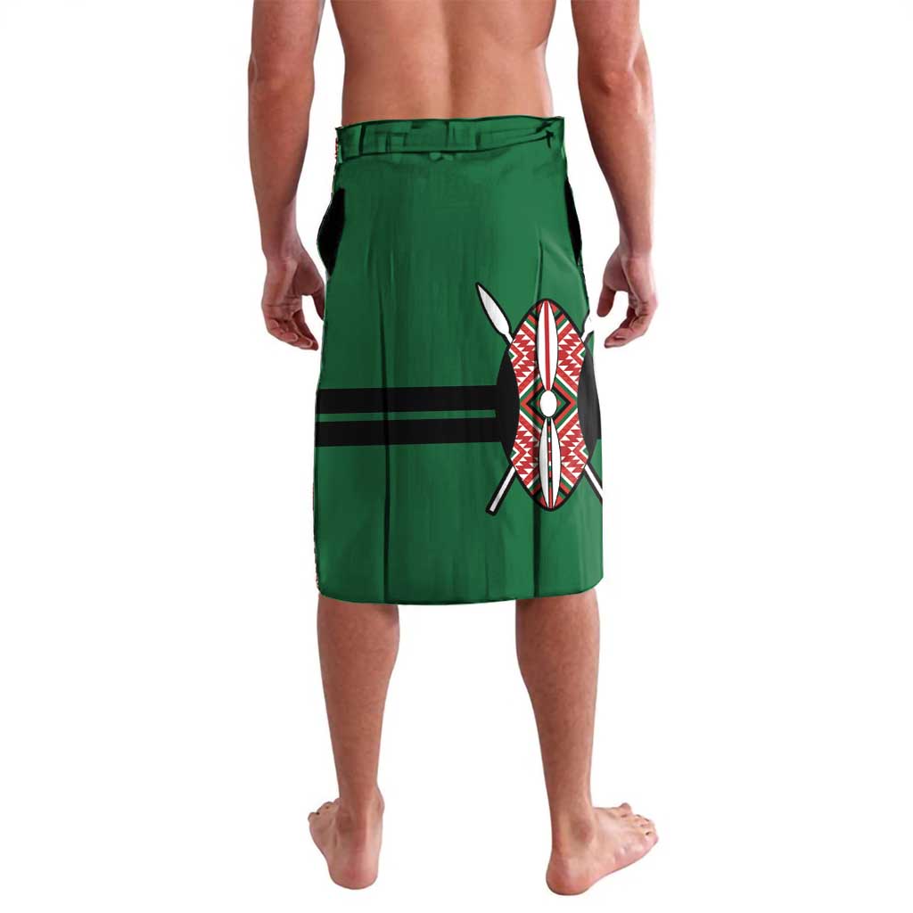 Green rugby lavalava with black stripe and oval team crest graphic on front