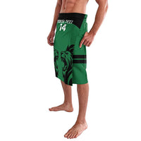 Green rugby lavalava with black waistband, your text 14, lion graphic