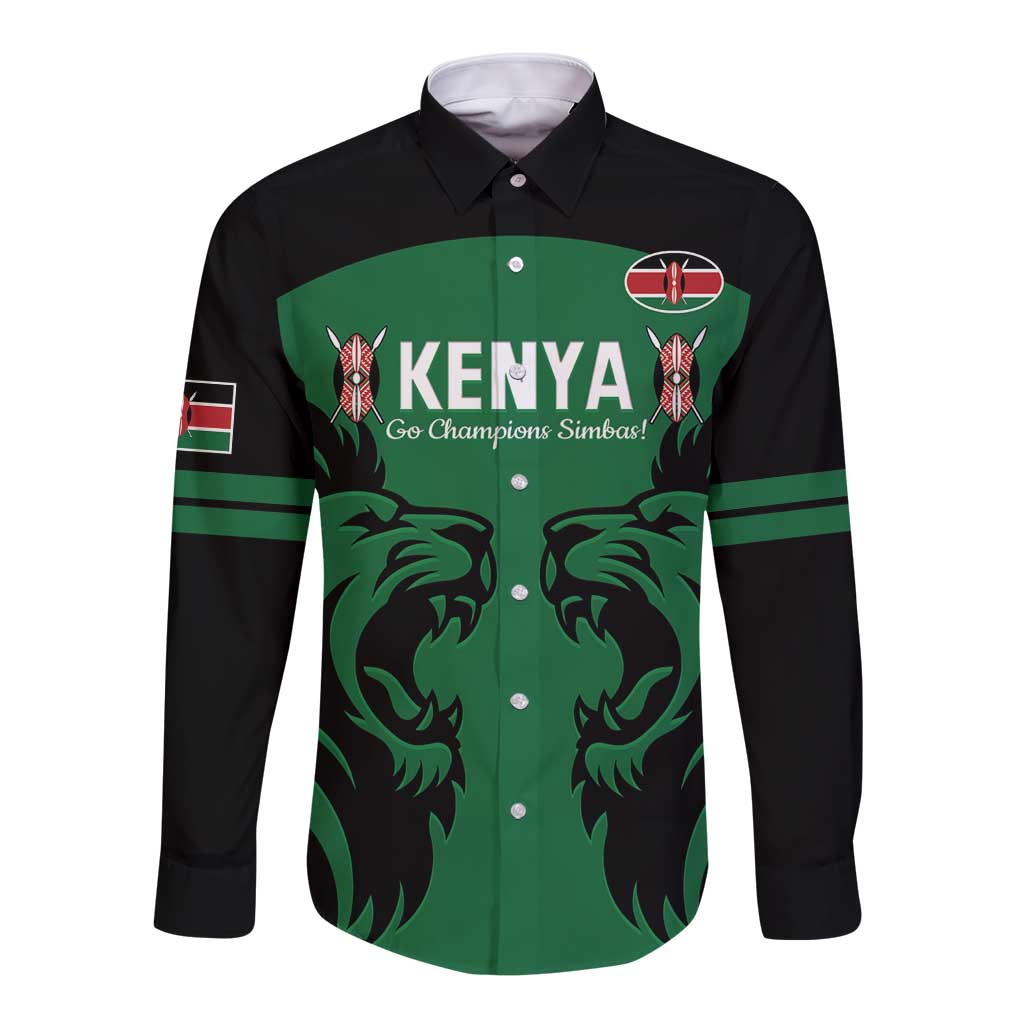 Custom Kenya Rugby Long Sleeve Button Shirt 2024 Go Champions Simbas - Green