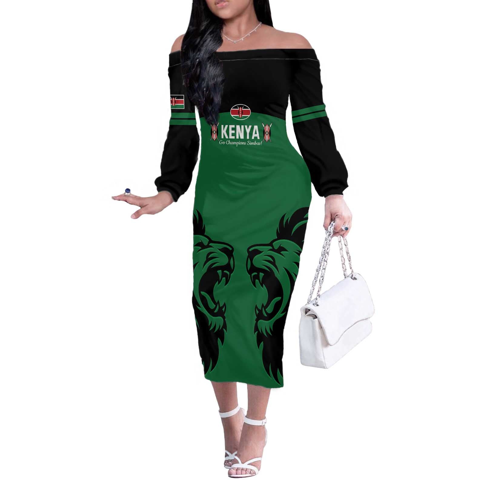 Custom Kenya Rugby Off The Shoulder Long Sleeve Dress 2024 Go Champions Simbas - Green