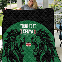 Quilted rugby quilt with black diamond pattern, green lion wings, and Kenya text