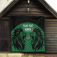 Quilted rugby quilt hanging outdoors with black border, green lion graphic, Kenya text