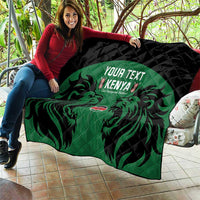Quilted rugby quilt with green lion graphic, Kenya text, and black backing