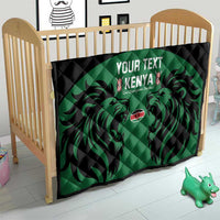 Quilted baby-size rugby quilt with black and green lion design and Kenya text