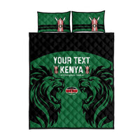Green and black quilt bed set with 'YOUR TEXT KENYA' center lion graphic and two pillows