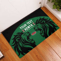 Green and black rugby doormat with lion graphic and customizable “Your Text Kenya”