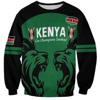 Unisex green-and-black crewneck sweatshirt with Kenya graphic and lion faces, long sleeves